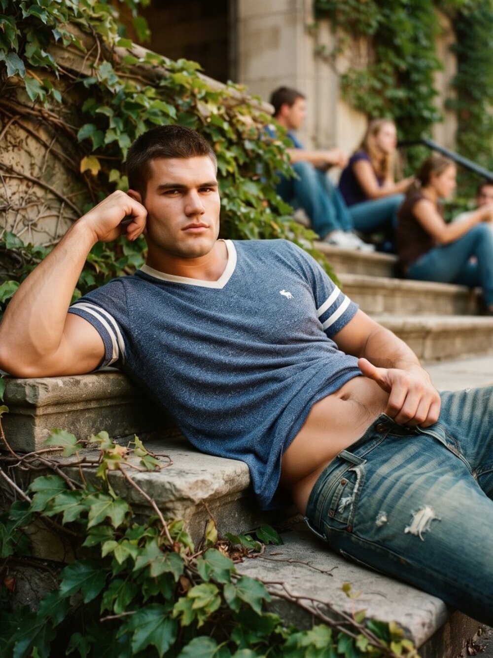 Abercrombie & Fitch Men's L Blue Heather Cotton V-Neck Ringer Tee Luxury Grail